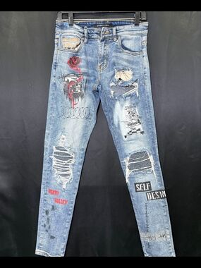 Embellish Slim Fit Skinny Jeans in Blue with Graphic & Distressed Details